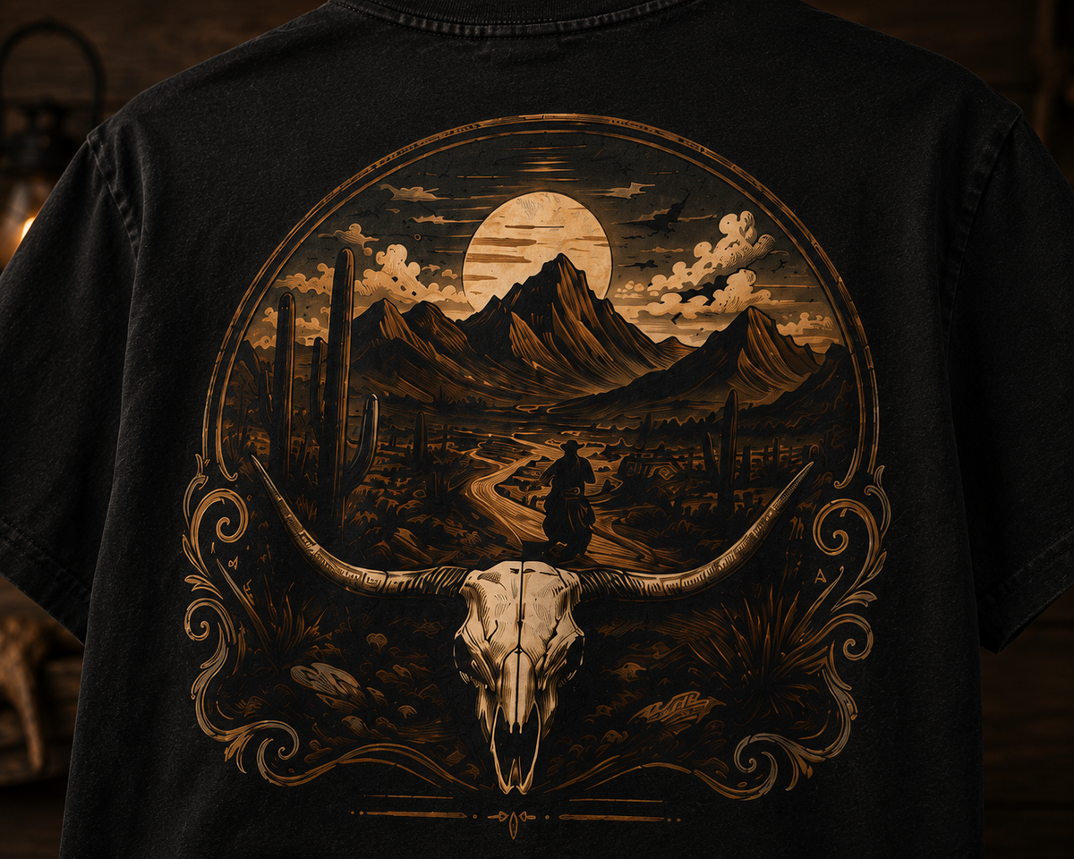 T-shirt tête de taureau western | T-shirt graphique cow-boy du désert | T-shirt vintage style sud-ouest