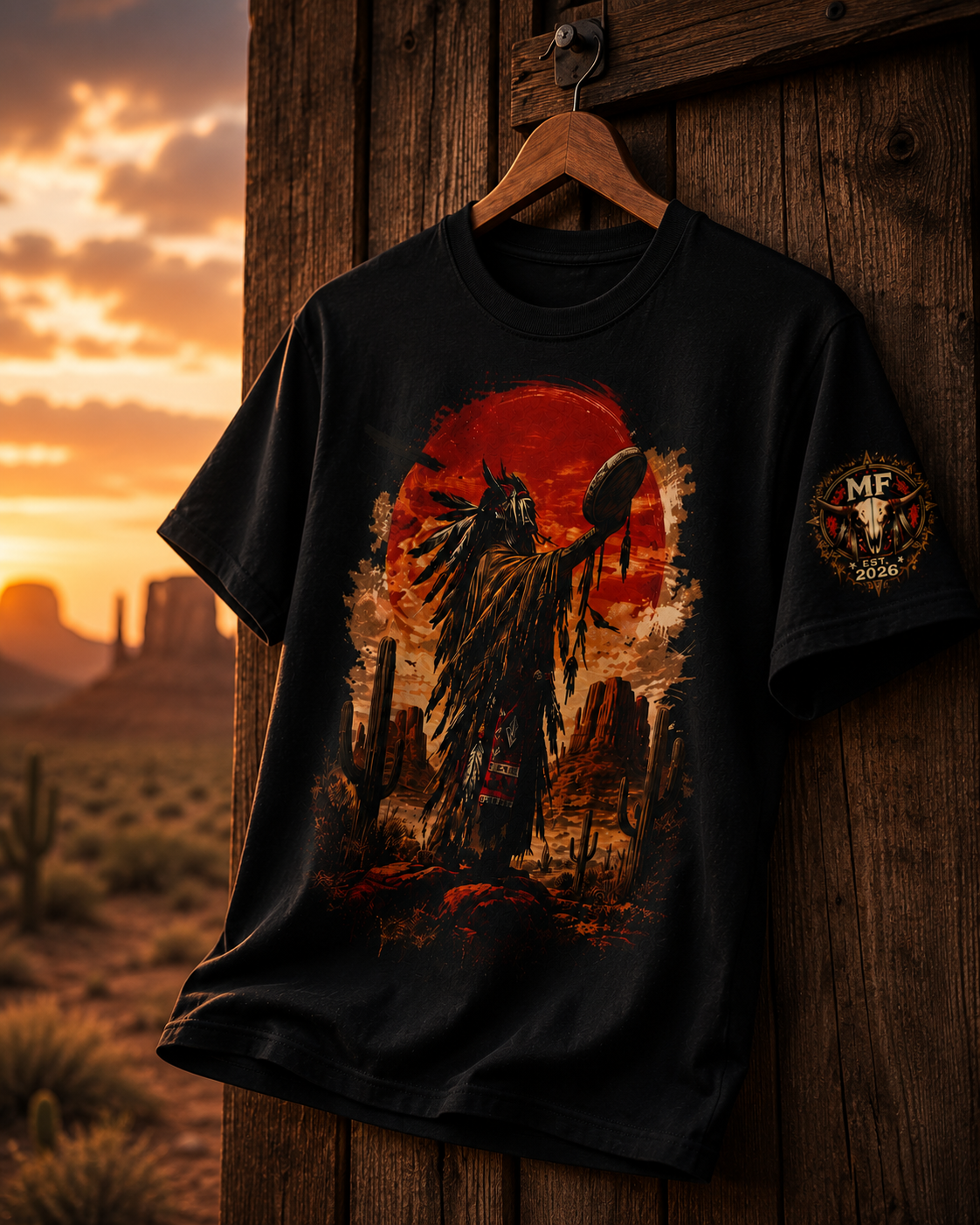 T-shirt graphique western guerrier amérindien, t-shirt coucher de soleil du désert du Sud-Ouest