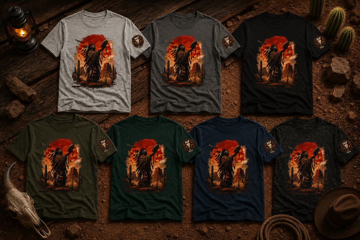 T-shirt graphique western guerrier amérindien, t-shirt coucher de soleil du désert du Sud-Ouest