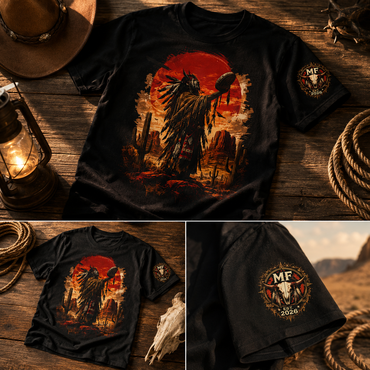 T-shirt graphique western guerrier amérindien, t-shirt coucher de soleil du désert du Sud-Ouest