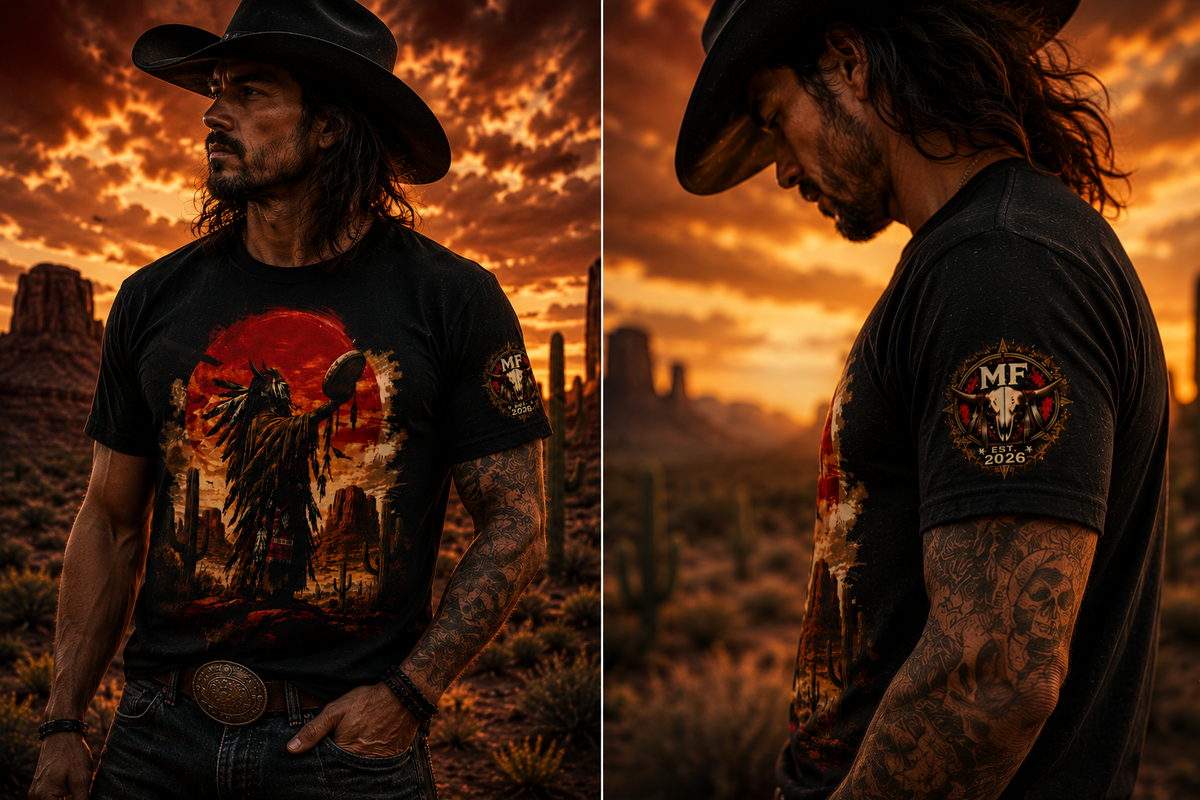 T-shirt graphique western guerrier amérindien, t-shirt coucher de soleil du désert du Sud-Ouest