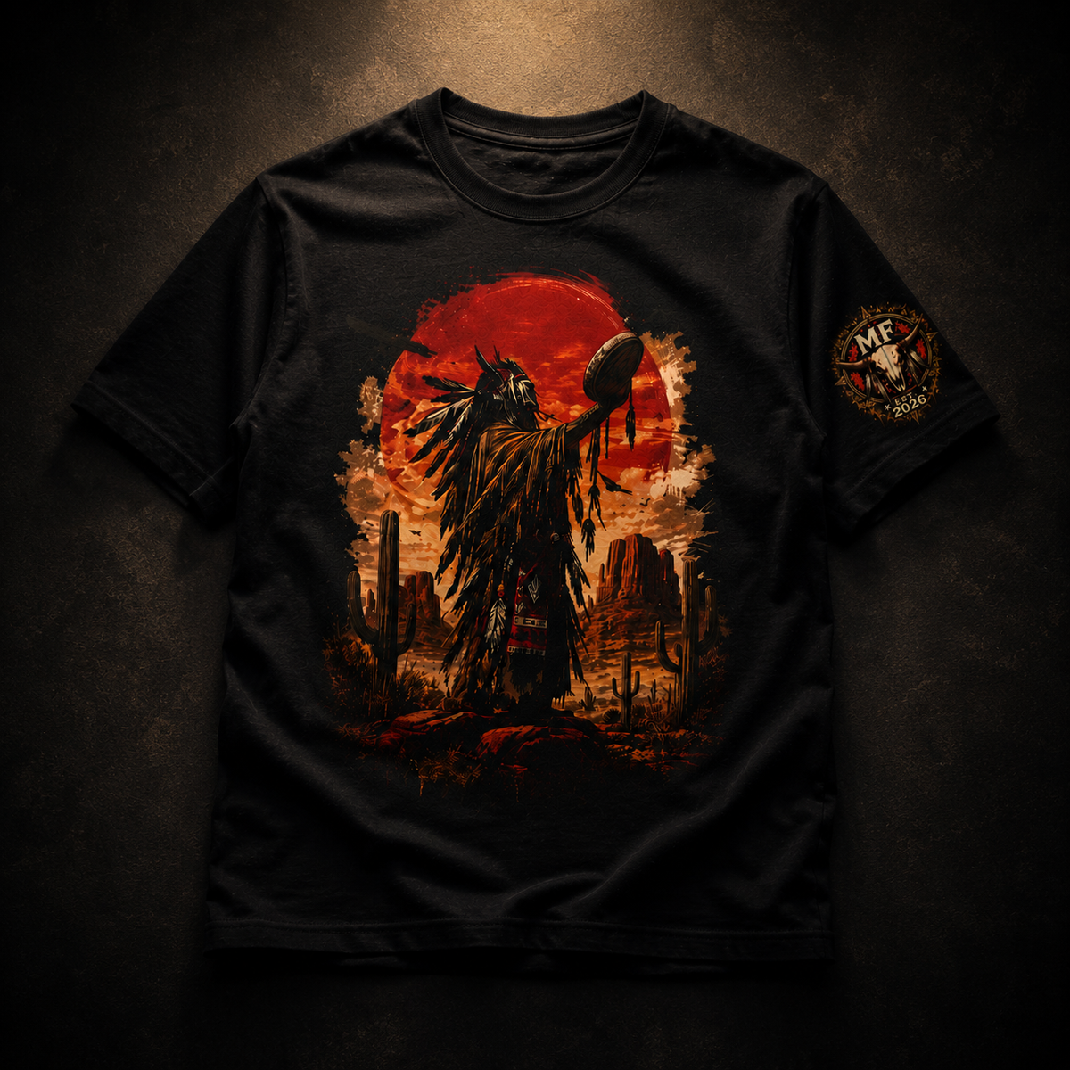 T-shirt graphique western guerrier amérindien, t-shirt coucher de soleil du désert du Sud-Ouest