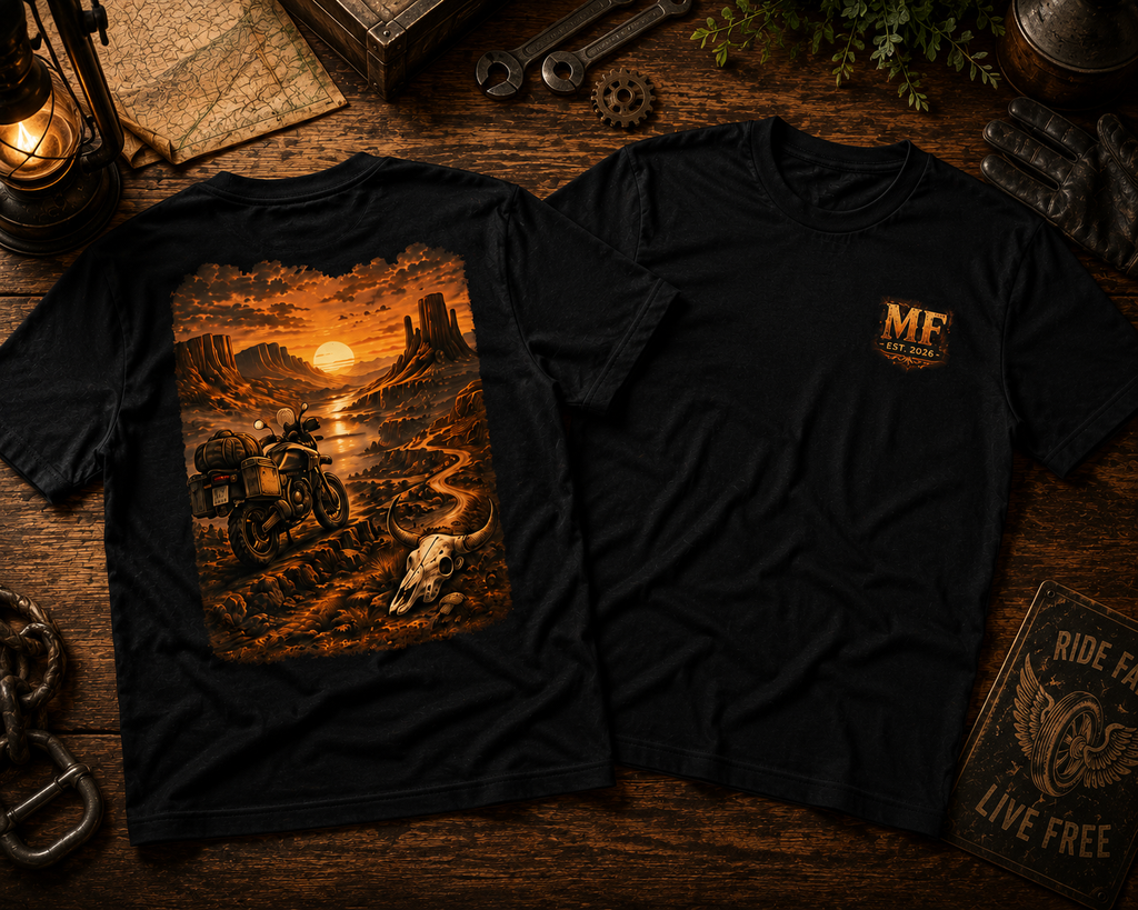 Desert Sunset Motorcycle Tee, Biker Shirt, Road Trip Rider Gift, Western Landscape