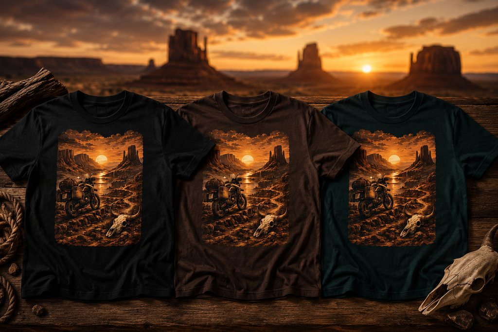 Desert Sunset Motorcycle Tee, Biker Shirt, Road Trip Rider Gift, Western Landscape