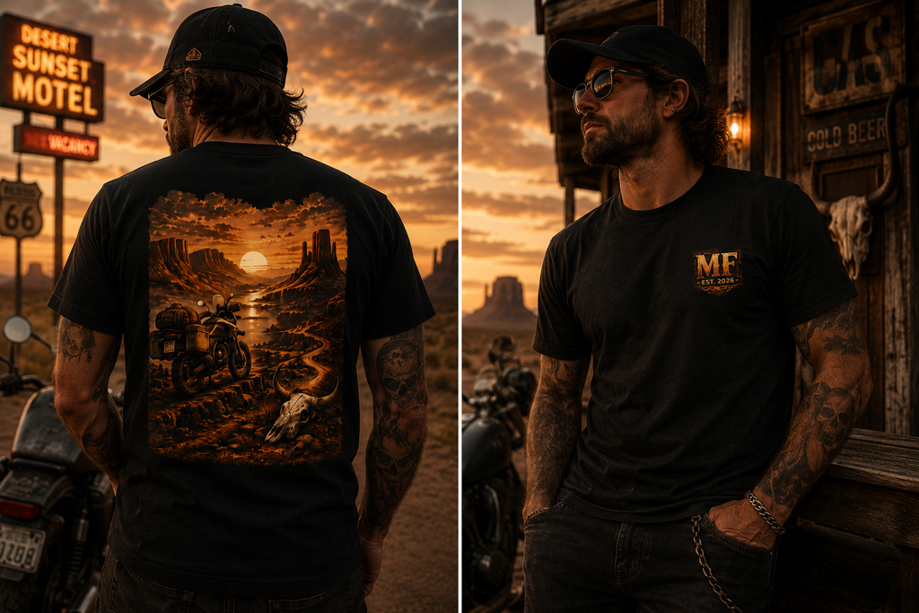 Desert Sunset Motorcycle Tee, Biker Shirt, Road Trip Rider Gift, Western Landscape