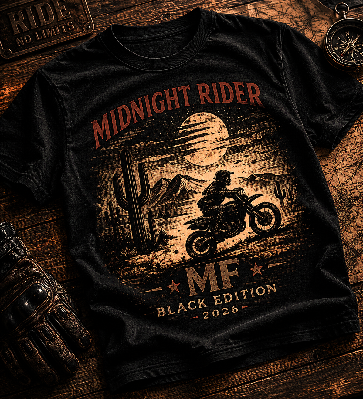 T-shirt de moto Midnight Rider, t-shirt de motard vintage, motif de balade nocturne dans le désert, t-shirt à motif moto