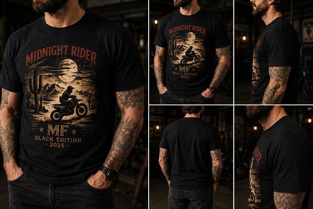 T-shirt de moto Midnight Rider, t-shirt de motard vintage, motif de balade nocturne dans le désert, t-shirt à motif moto