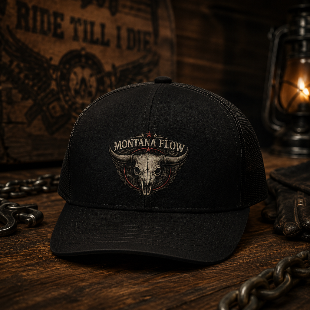 Western Skull Trucker Hat, Montana Flow Snapback Cap, Cowboy Hat