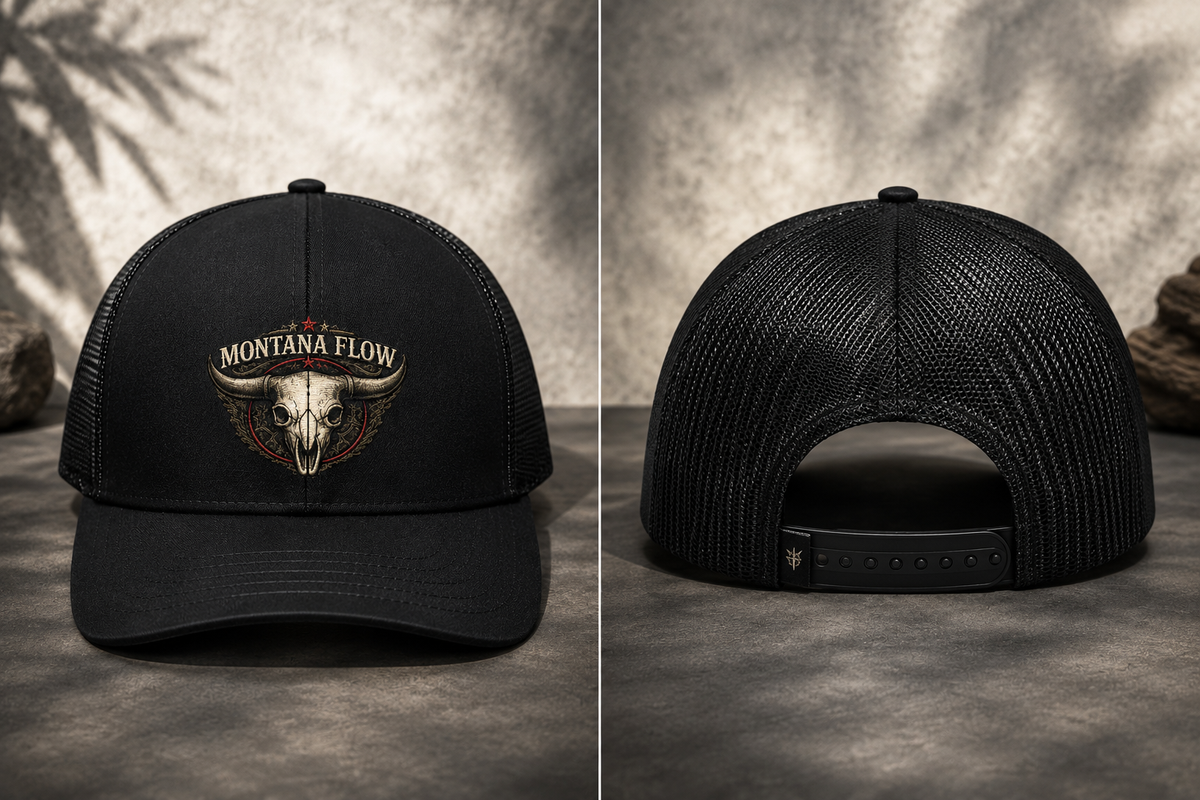 Western Skull Trucker Hat, Montana Flow Snapback Cap, Cowboy Hat