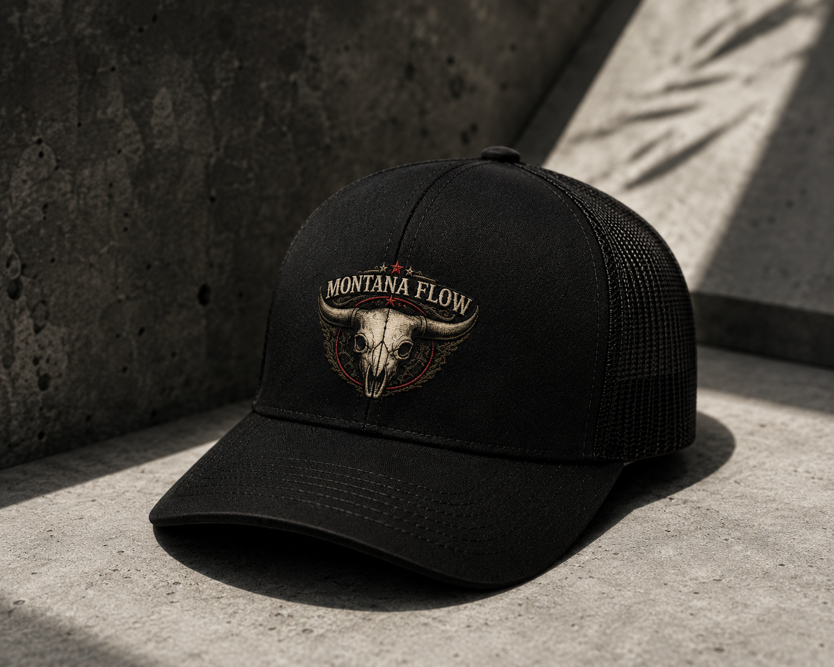Western Skull Trucker Hat, Montana Flow Snapback Cap, Cowboy Hat
