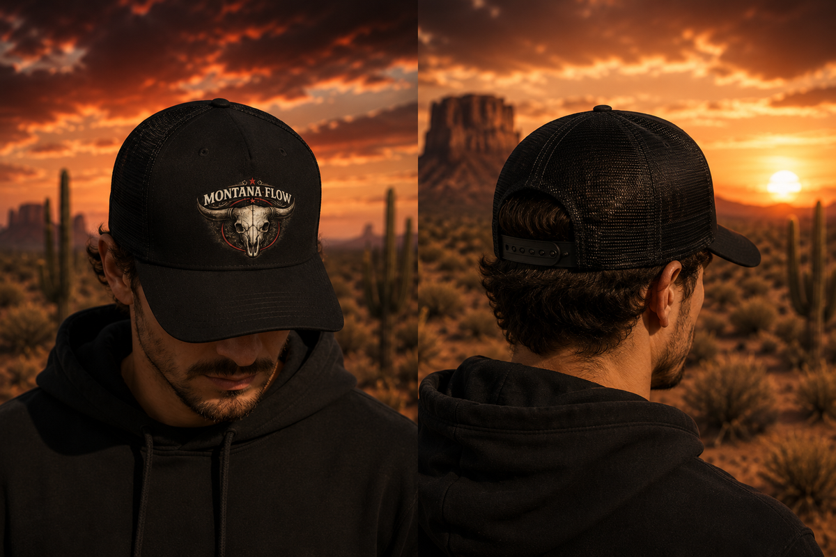 Western Skull Trucker Hat, Montana Flow Snapback Cap, Cowboy Hat