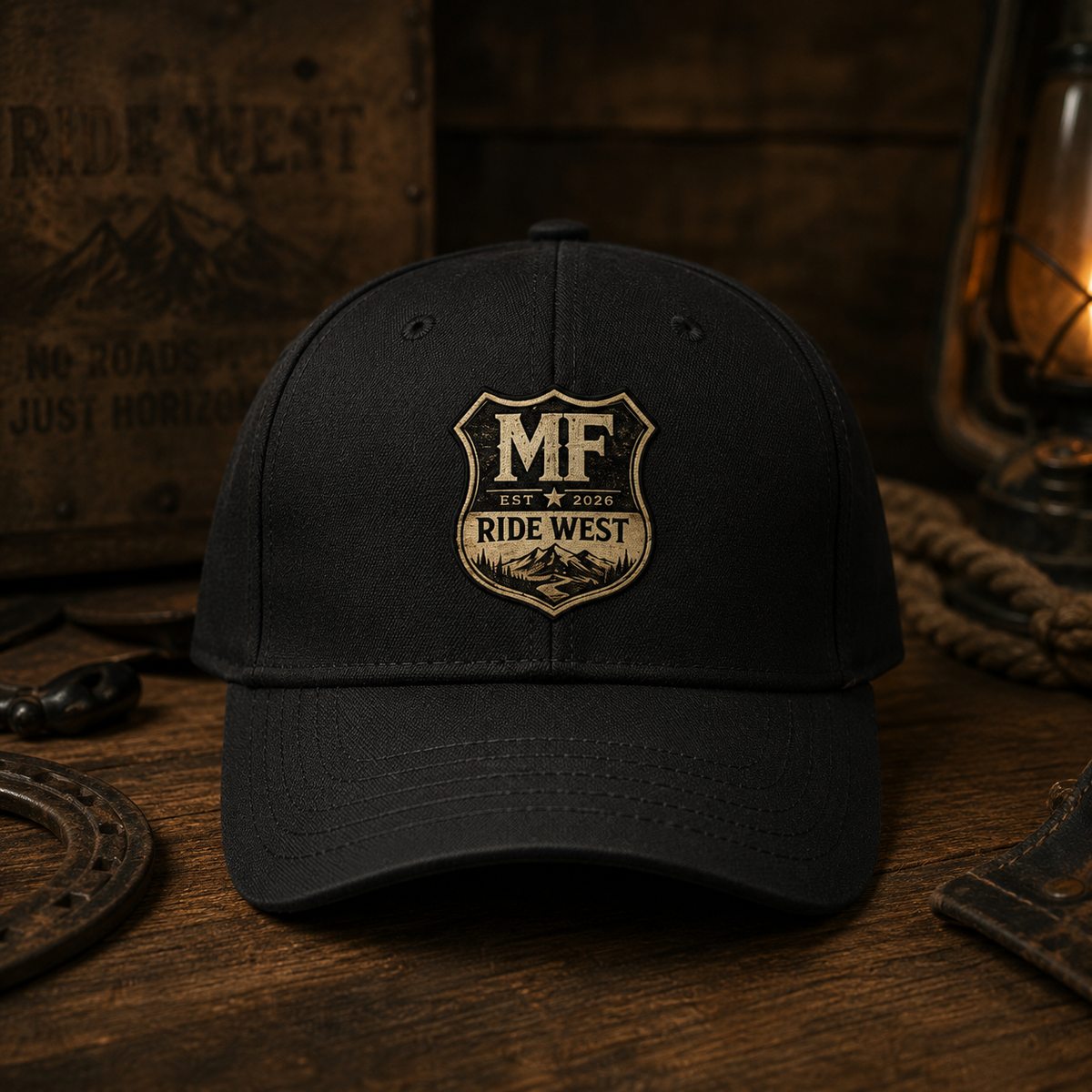 Ride West Hat, Western Cap, Adventure Lifestyle Gift, MF logo.