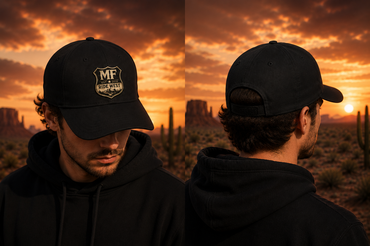 Ride West Hat, Western Cap, Adventure Lifestyle Gift, MF logo.