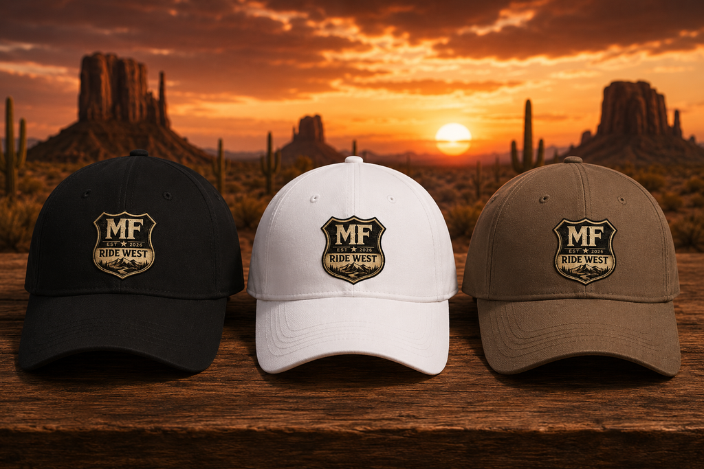 Ride West Hat, Western Cap, Adventure Lifestyle Gift, MF logo.