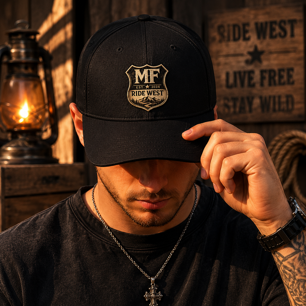Ride West Hat, Western Cap, Adventure Lifestyle Gift, MF logo.