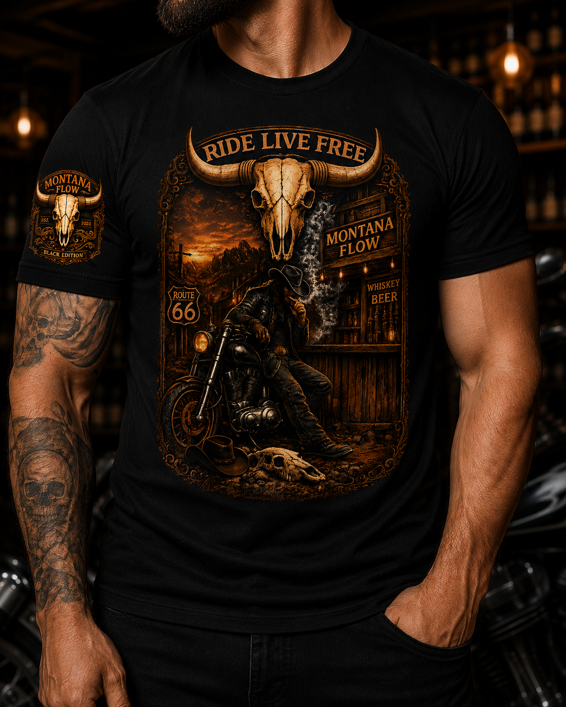 T-shirt de moto tête de mort Ride Live Free, chemise de motard vintage, cadeau moto western, motif Route 66, MF, Montana Flow.