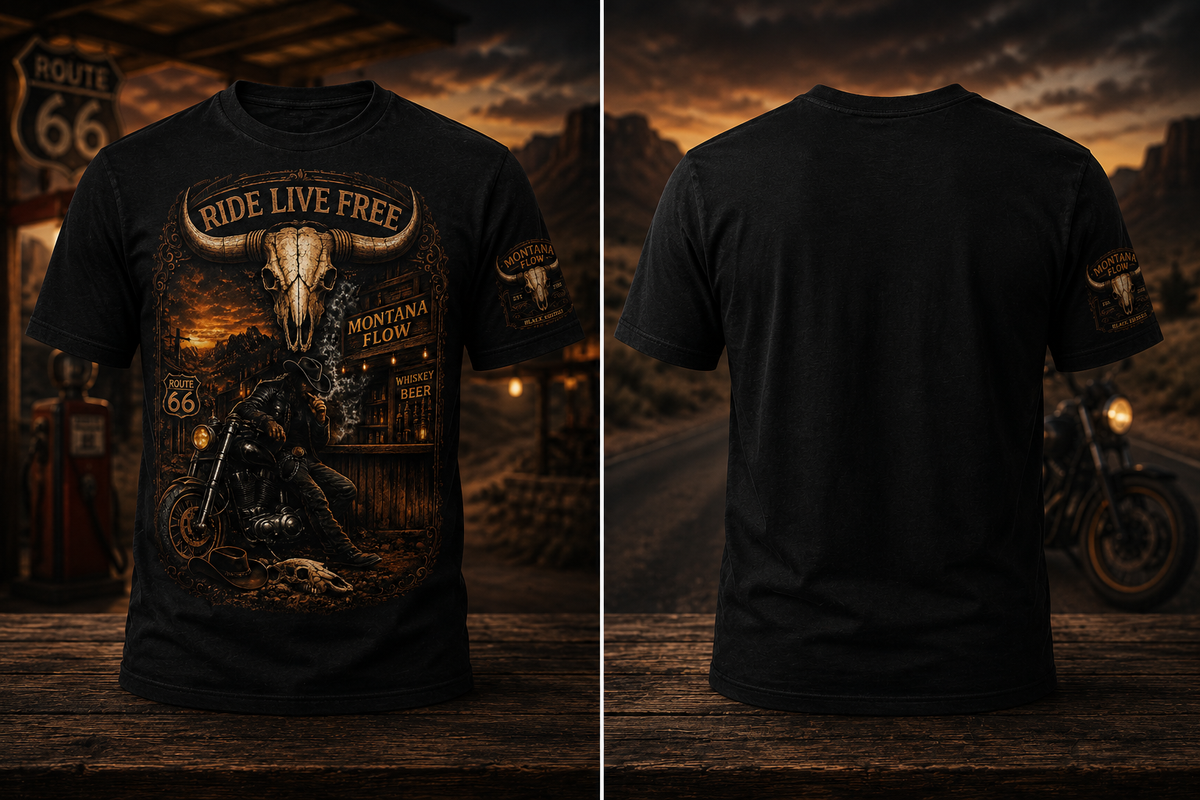T-shirt de moto tête de mort Ride Live Free, chemise de motard vintage, cadeau moto western, motif Route 66, MF, Montana Flow.