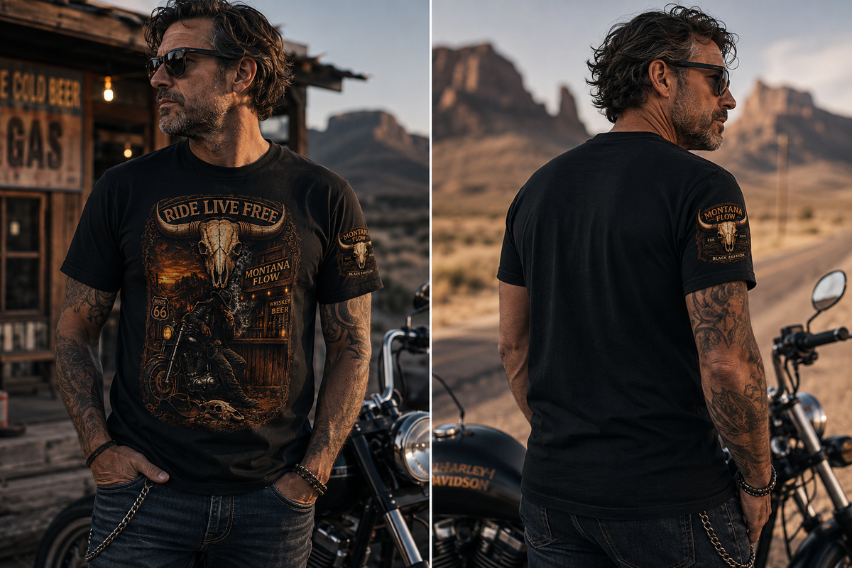 T-shirt de moto tête de mort Ride Live Free, chemise de motard vintage, cadeau moto western, motif Route 66, MF, Montana Flow.