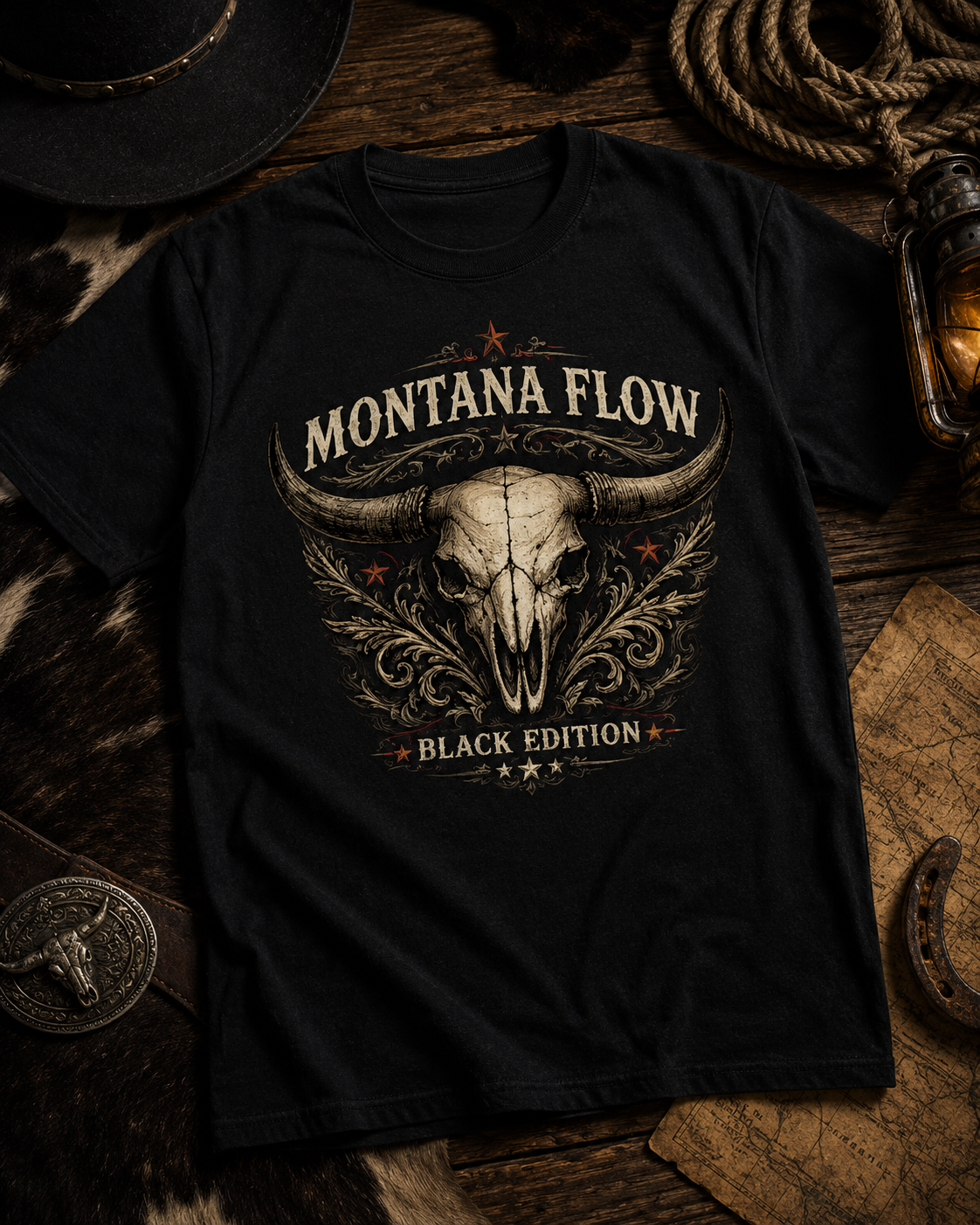 T-shirt de moto vintage, t-shirt à motif de motard, cadeau pour homme, Montana Flow, crâne western.
