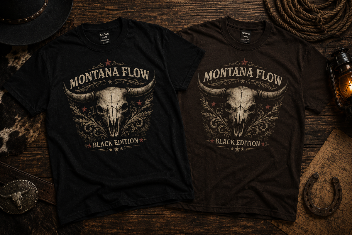 T-shirt de moto vintage, t-shirt à motif de motard, cadeau pour homme, Montana Flow, crâne western.