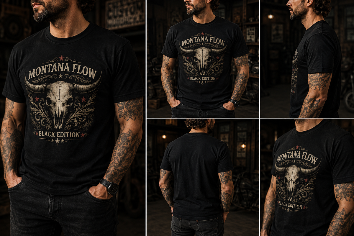 T-shirt de moto vintage, t-shirt à motif de motard, cadeau pour homme, Montana Flow, crâne western.
