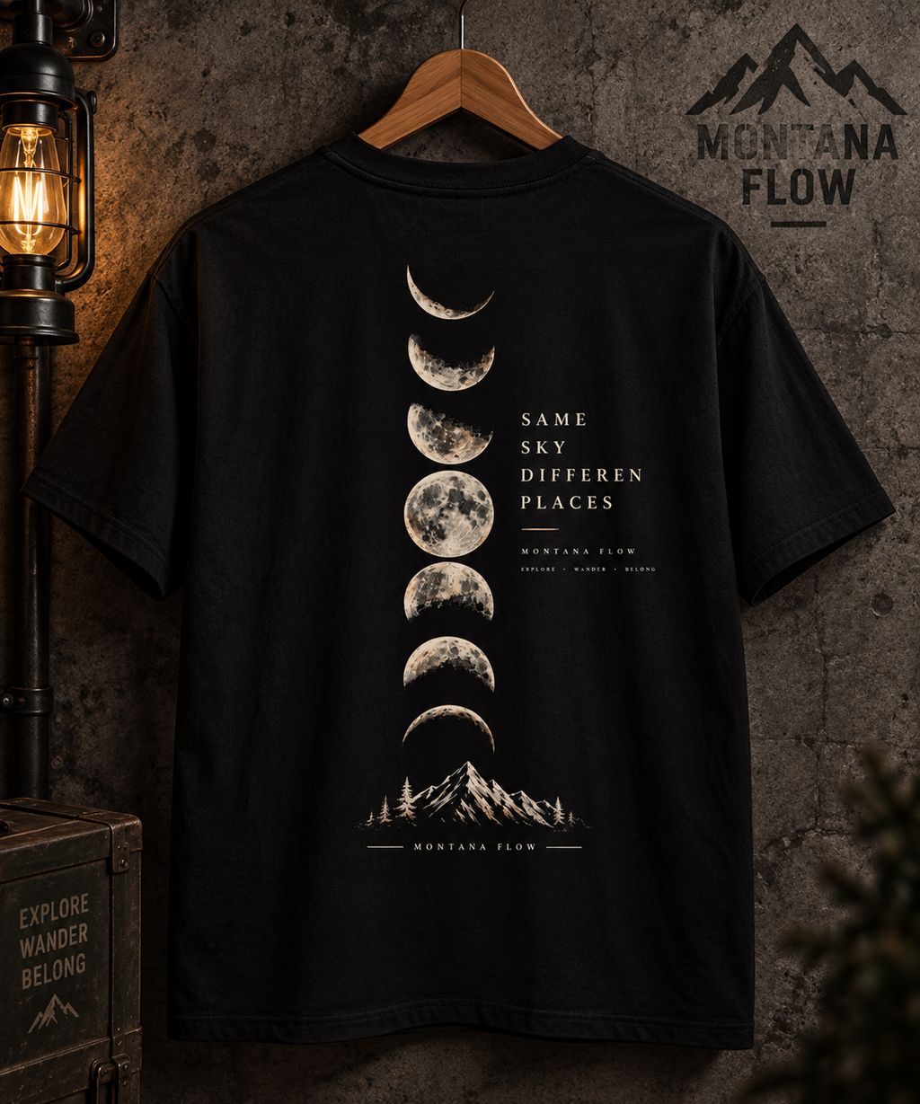 T-shirt graphique Montagne et phases lunaires | Imprimé phases de la lune au dos