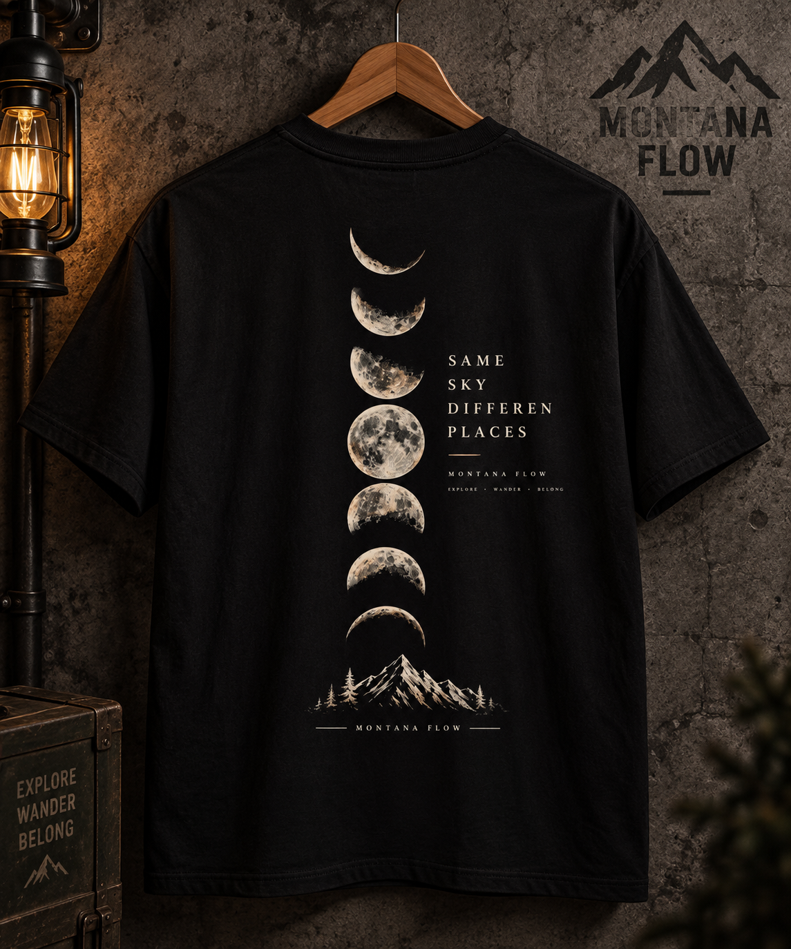Lunar Phase Mountain Graphic T-shirt | Moon Phases Back Print