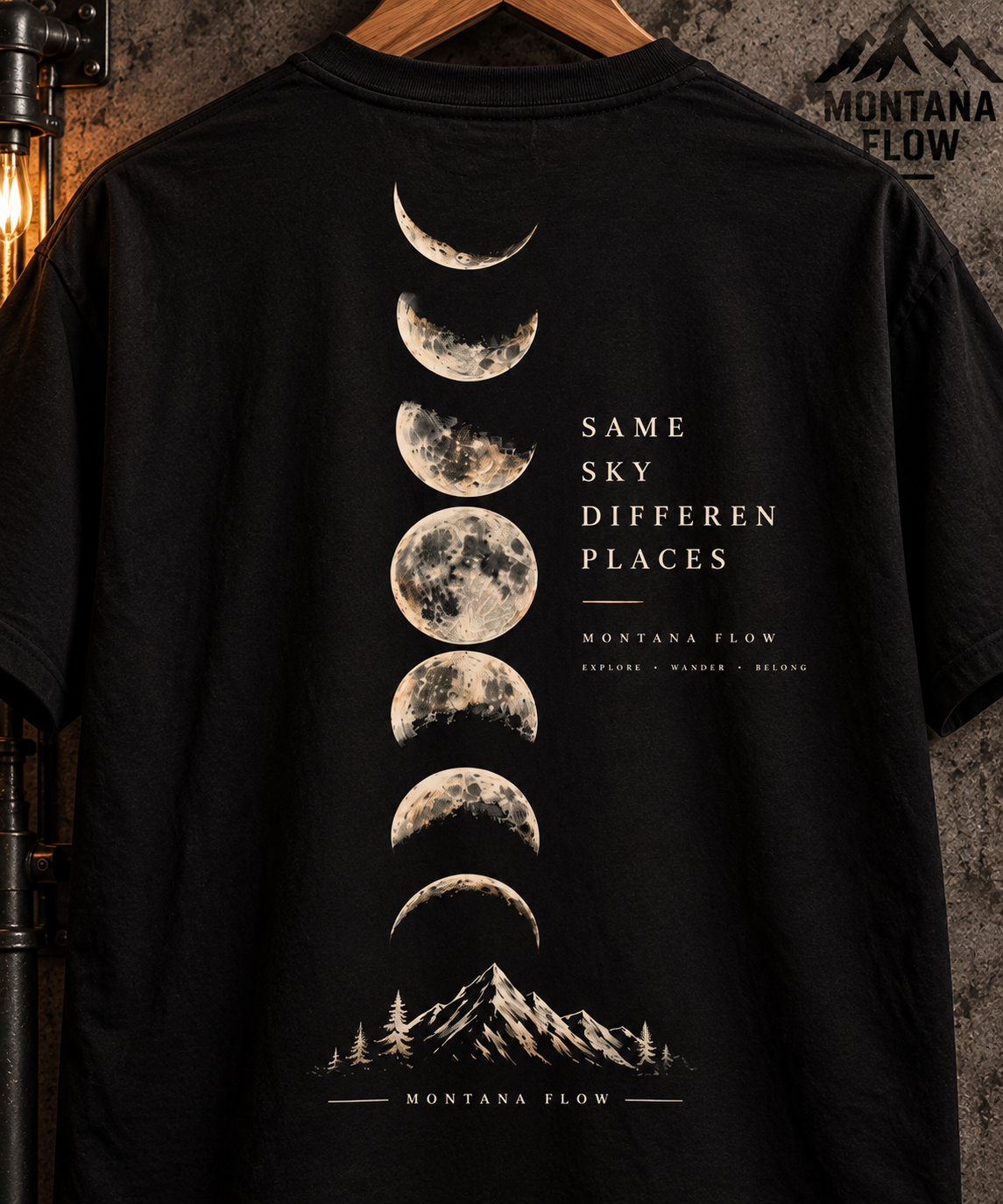 Lunar Phase Mountain Graphic T-shirt | Moon Phases Back Print