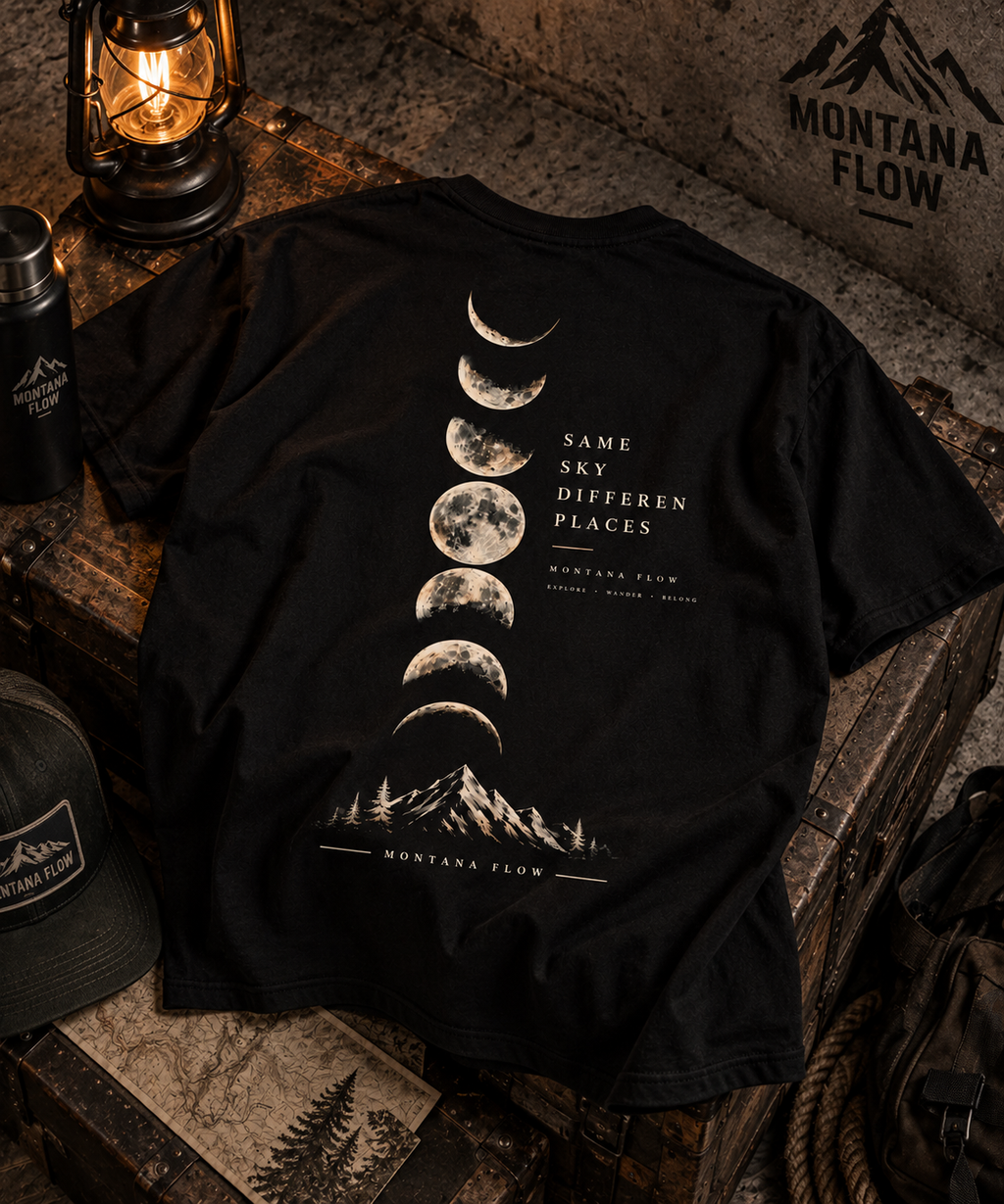 T-shirt graphique Montagne et phases lunaires | Imprimé phases de la lune au dos