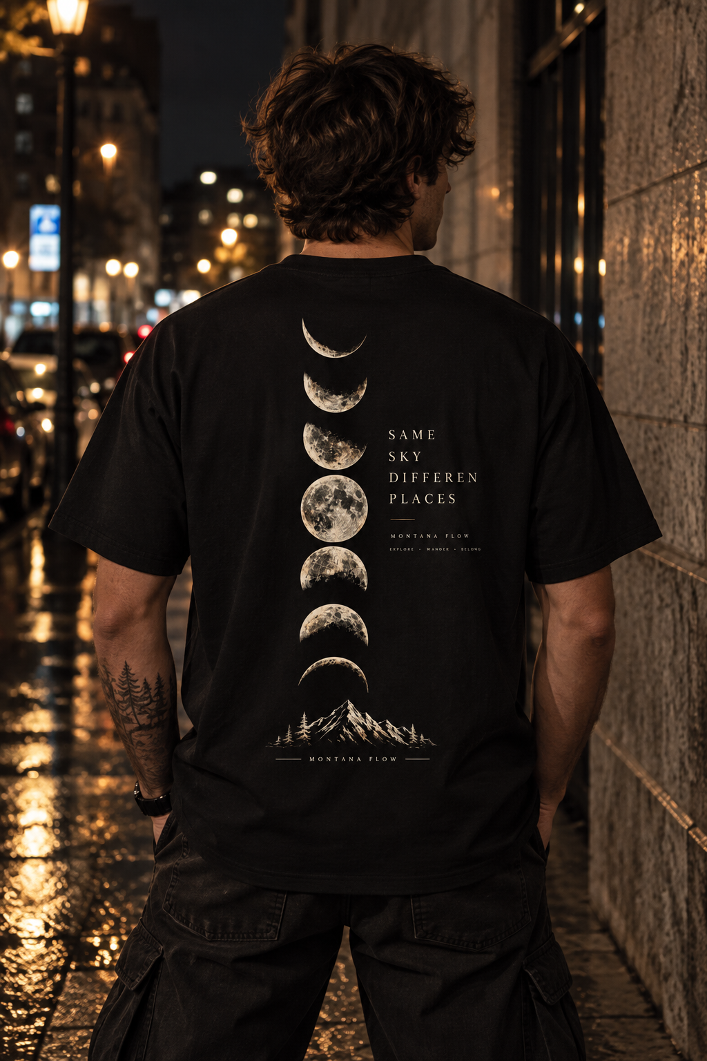 T-shirt graphique Montagne et phases lunaires | Imprimé phases de la lune au dos