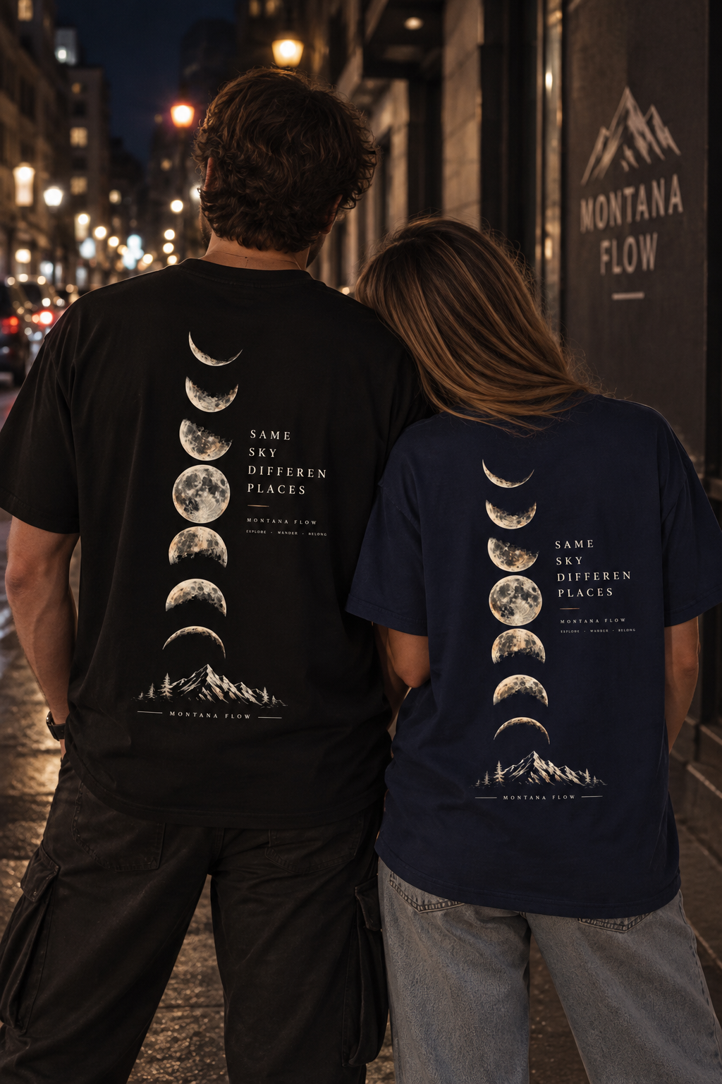 T-shirt graphique Montagne et phases lunaires | Imprimé phases de la lune au dos