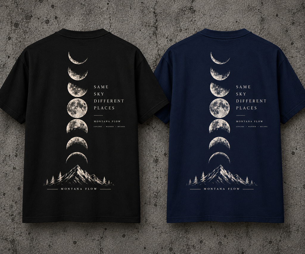 T-shirt graphique Montagne et phases lunaires | Imprimé phases de la lune au dos