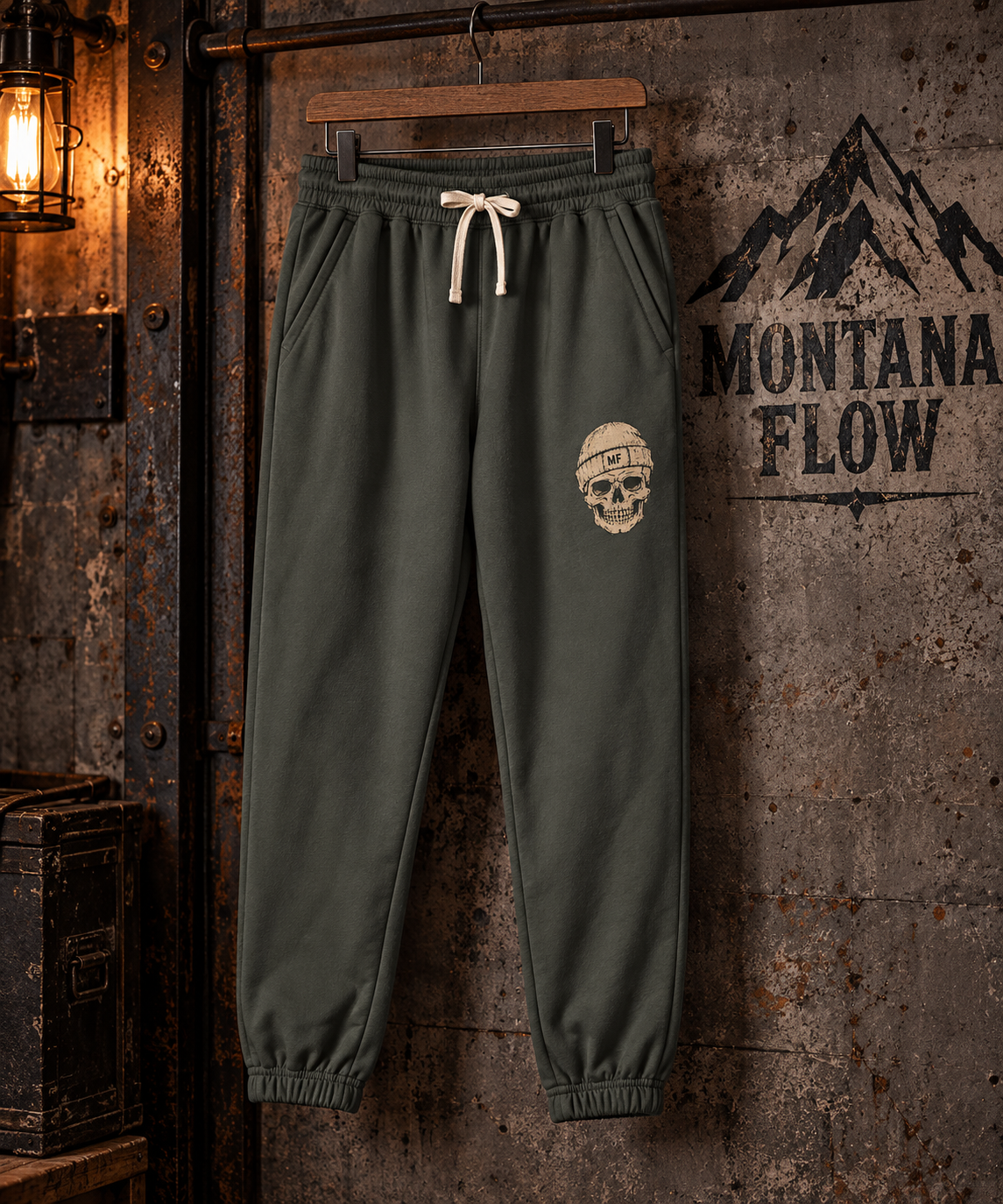 Skull Mandala Sweatpants | Dark Olive Joggers with Small Chest Skull Design
