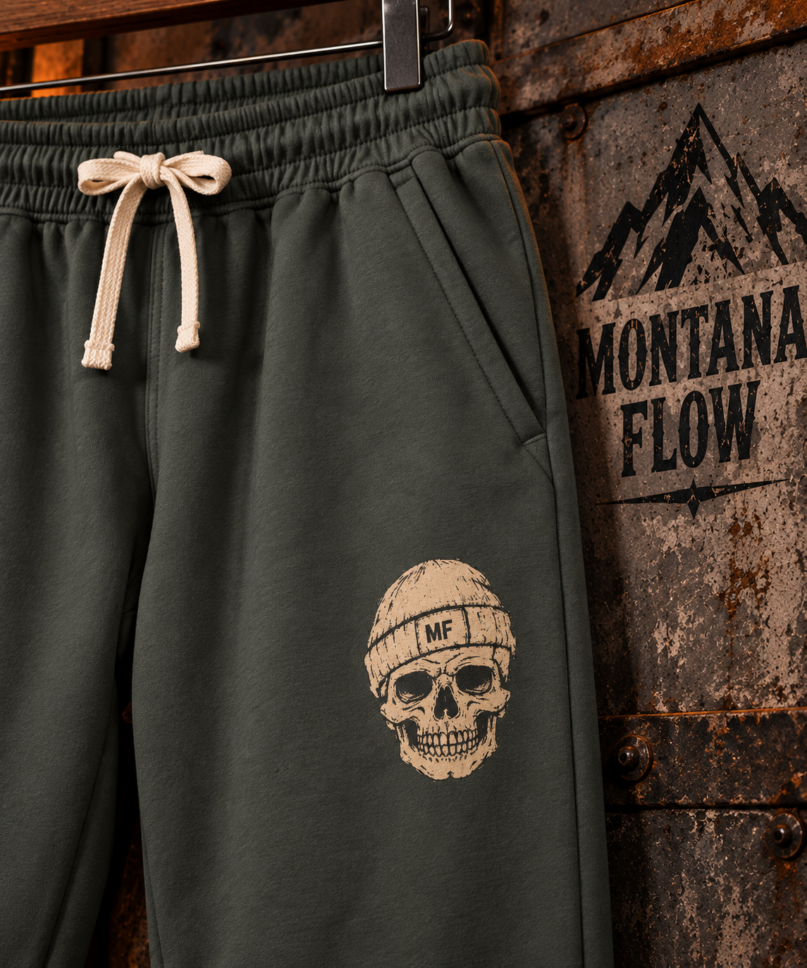 Skull Mandala Sweatpants | Dark Olive Joggers with Small Chest Skull Design