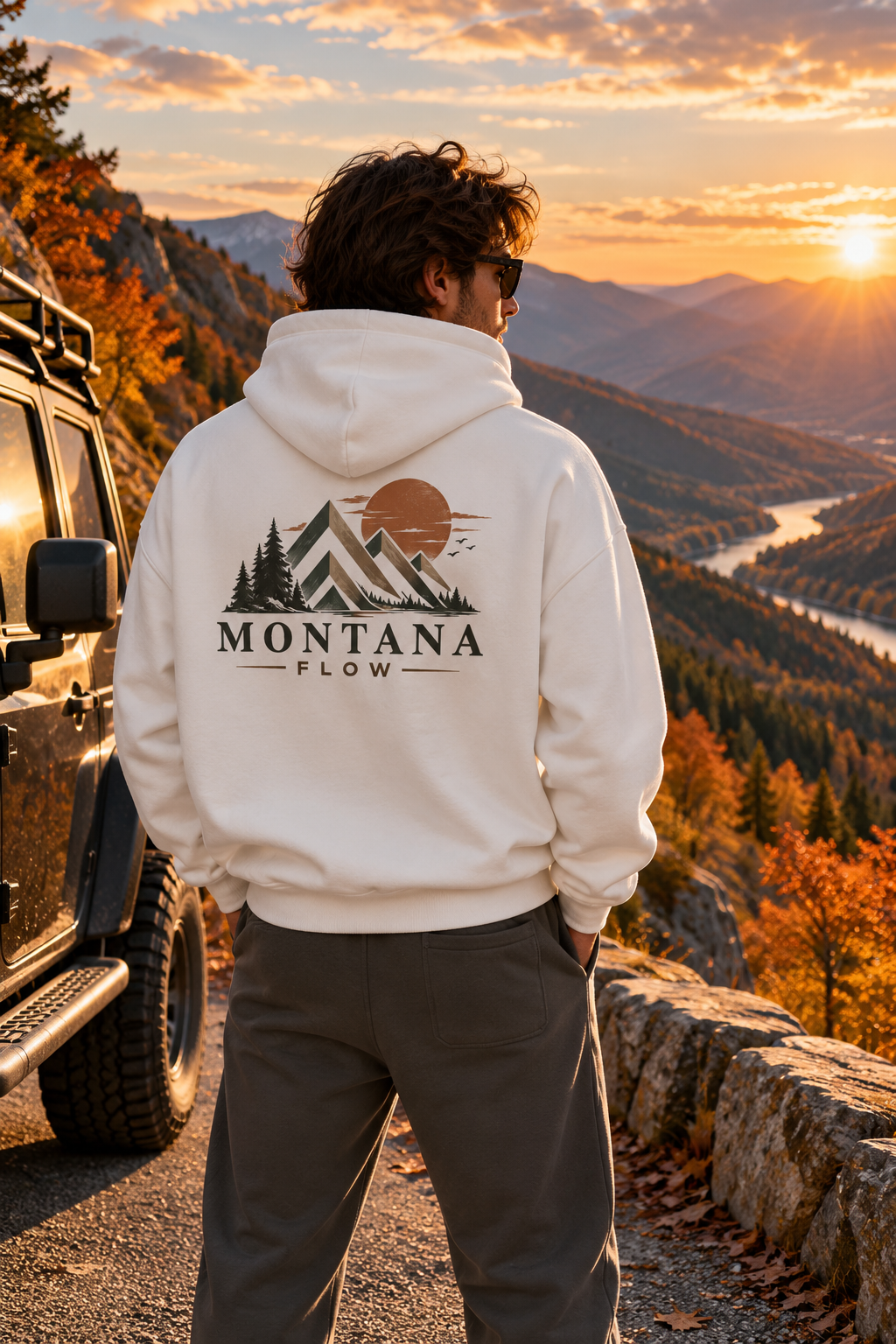 Sweat à capuche Montana Mountains Flow | Lever de soleil en montagne, sweat à capuche graphique outdoor