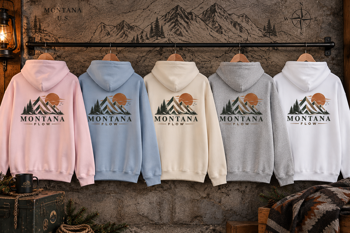Sweat à capuche Montana Mountains Flow | Lever de soleil en montagne, sweat à capuche graphique outdoor