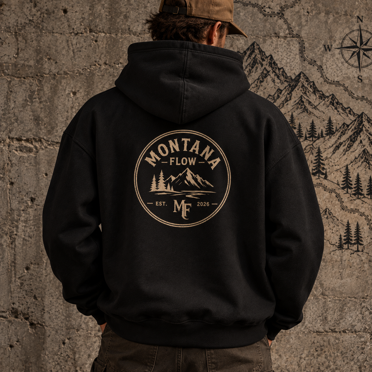Montana Flow Mountain Badge Hoodie | Vintage Outdoor Graphic