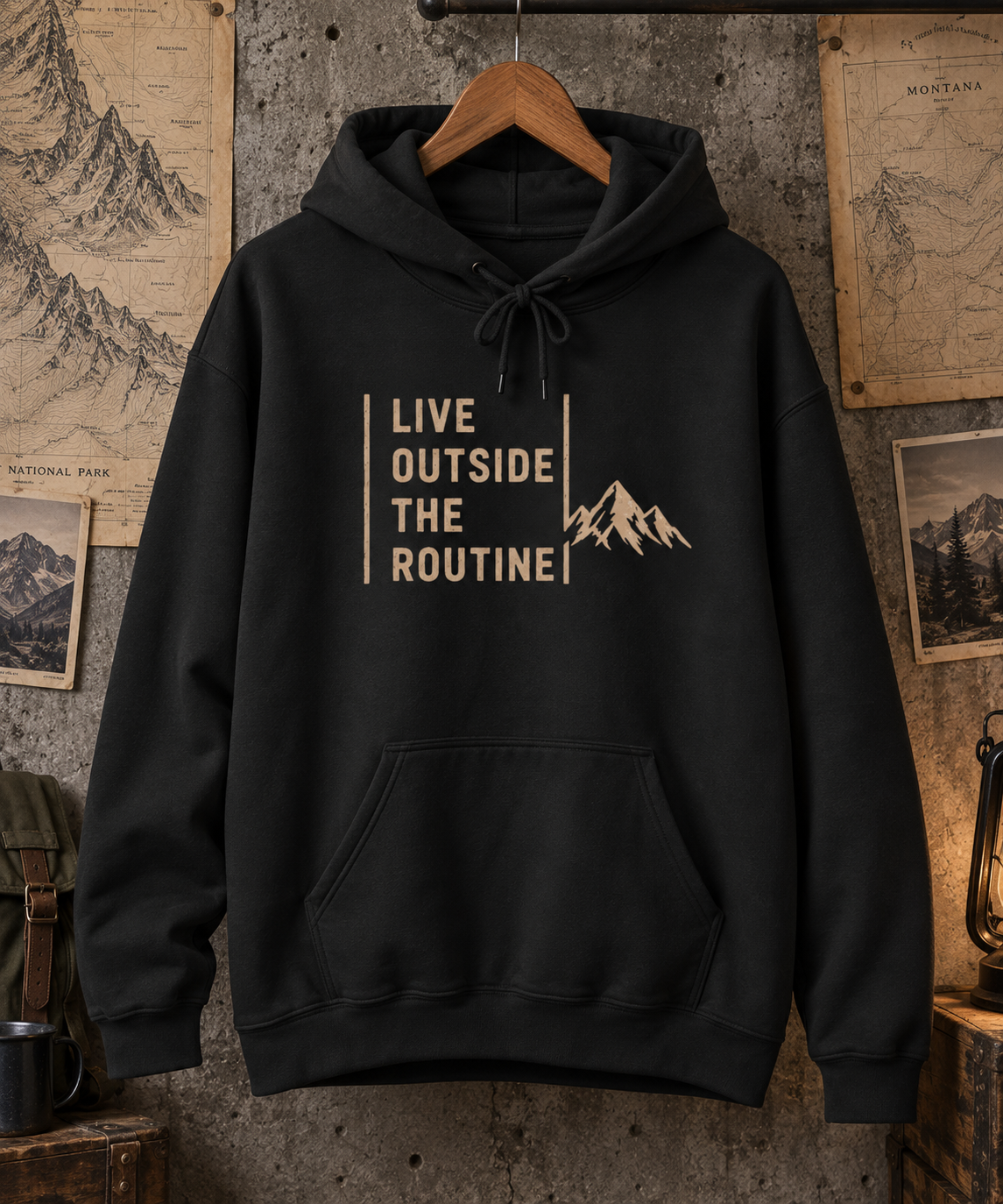 Live Outside the Routine hoodie | Mountain Adventure Graphic Sweatshirt