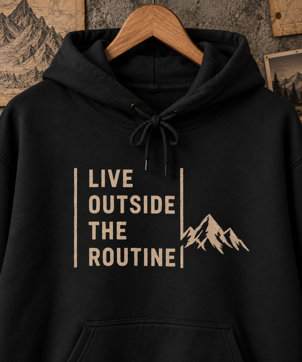 Live Outside the Routine hoodie | Mountain Adventure Graphic Sweatshirt