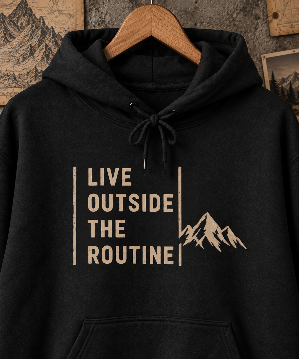 Live Outside the Routine hoodie | Mountain Adventure Graphic Sweatshirt