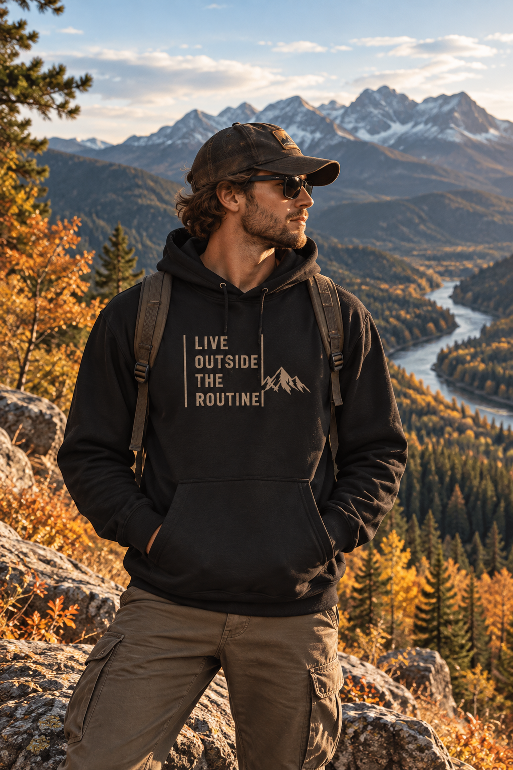 Live Outside the Routine hoodie | Mountain Adventure Graphic Sweatshirt
