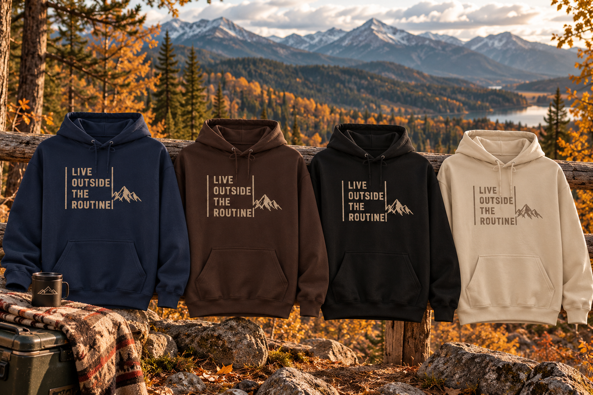 Live Outside the Routine hoodie | Mountain Adventure Graphic Sweatshirt