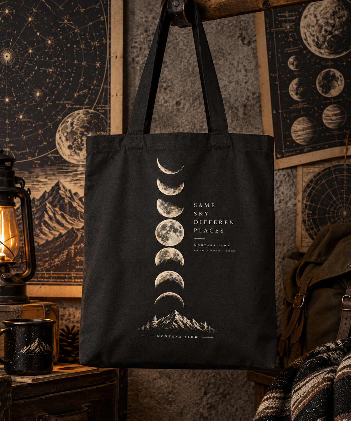 Same Sky Different Places Tote Bag | Moon Phase Mountain Design | Montana Flow