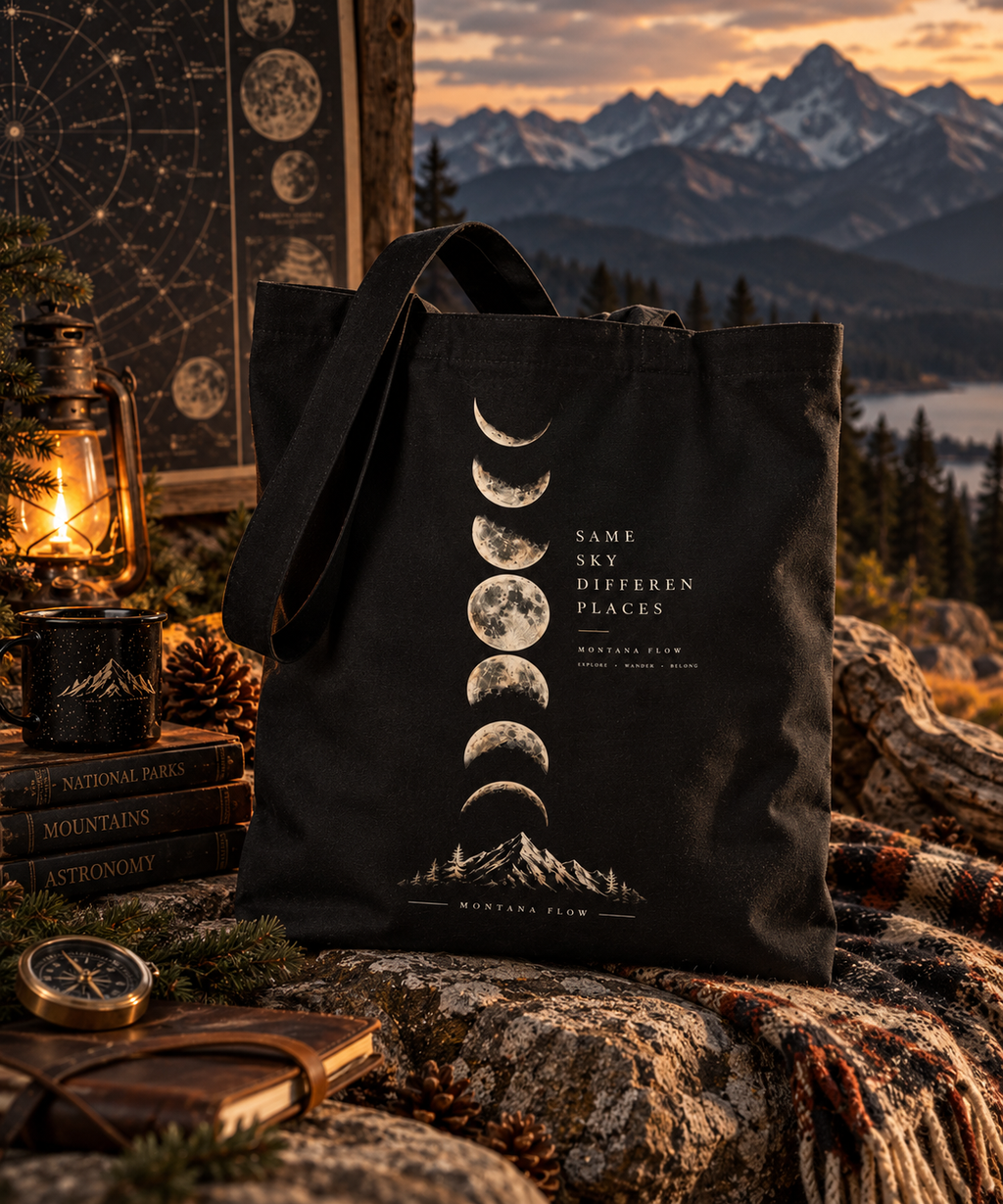Same Sky Different Places Tote Bag | Moon Phase Mountain Design | Montana Flow