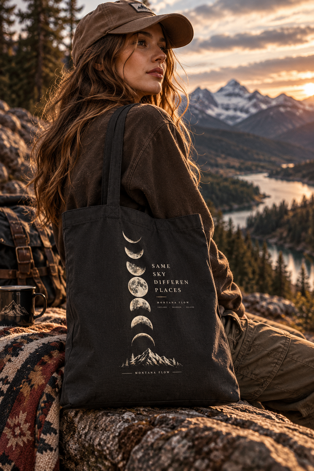 Same Sky Different Places Tote Bag | Moon Phase Mountain Design | Montana Flow