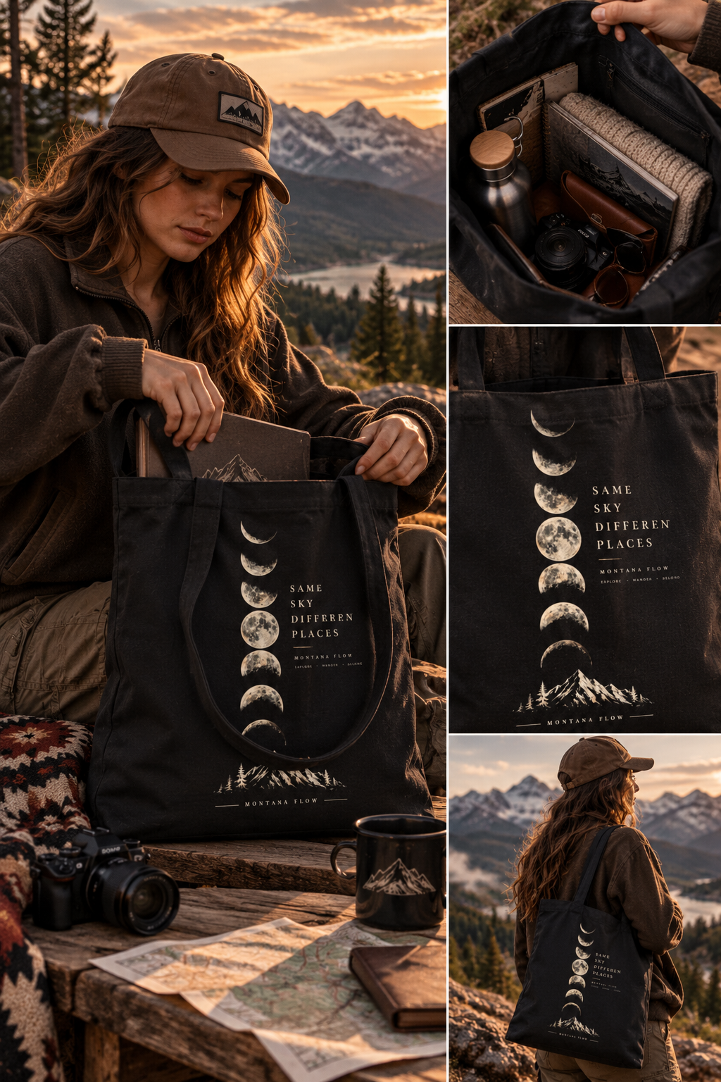 Same Sky Different Places Tote Bag | Moon Phase Mountain Design | Montana Flow