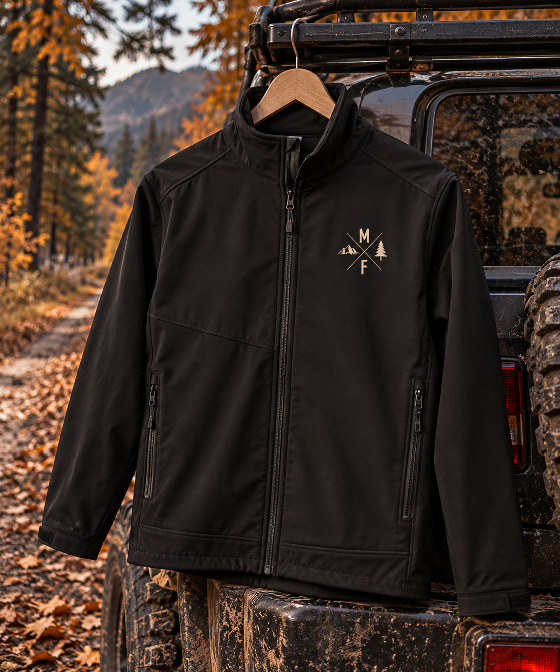 Mountain & Pine Monogram Softshell Jacket | Outdoor Adventure Jacket | Montana Flow