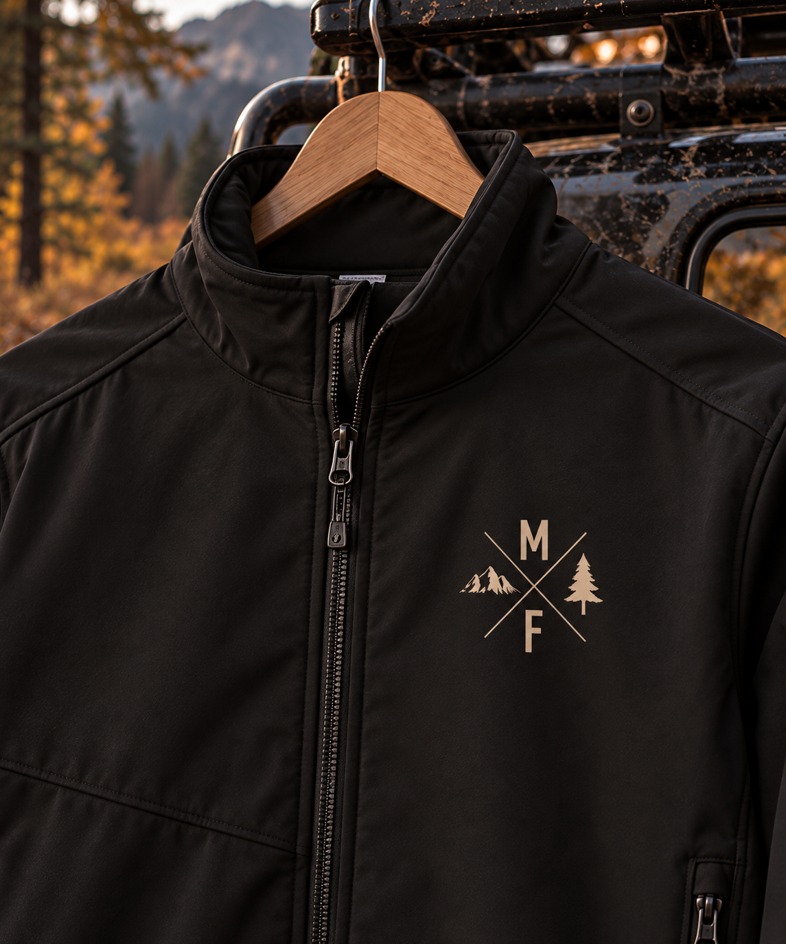 Mountain & Pine Monogram Softshell Jacket | Outdoor Adventure Jacket | Montana Flow