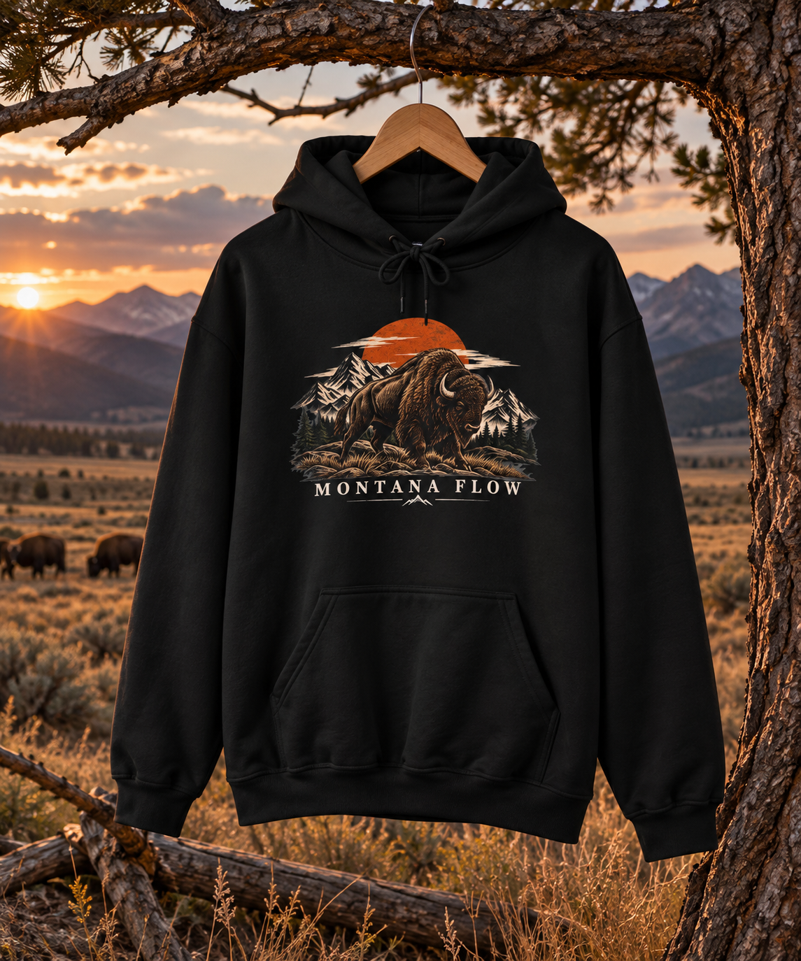 Bison Sunset Mountain Hoodie | Western Landscape Graphic | Montana Flow
