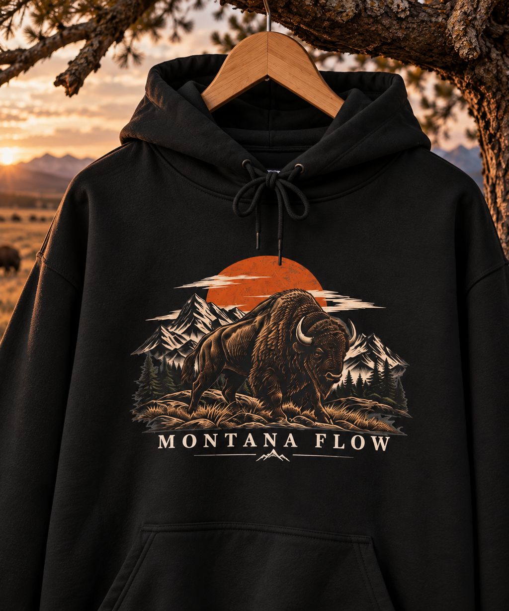 Bison Sunset Mountain Hoodie | Western Landscape Graphic | Montana Flow